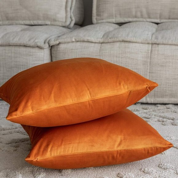 Set of Tangerine Orange Soft Velvet Pillow Covers 18" Square Pillows Zipper New - Picture 2 of 8
